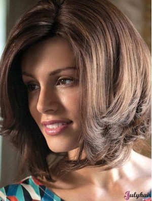 12 inch Bobs Remy Human Hair Brown Wavy Handmade Wigs