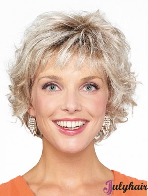 Blonde Curly Chin Length Bobs Monofilament Wigs For Ladies