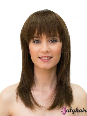 Brown 16inch Straight Long With Bangs Sleek Human Hair Wigs