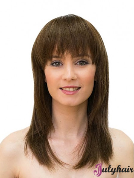 Brown 16inch Straight Long With Bangs Sleek Human Hair Wigs