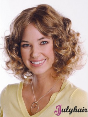 Brown Curly Remy Human Hair Medium Wigs