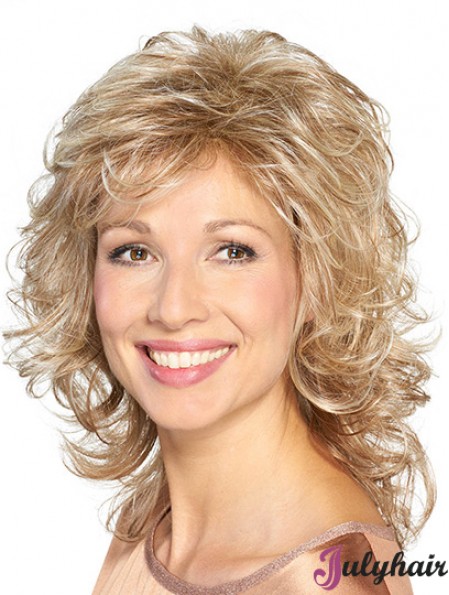 Shoulder Length Capless Platinum Blonde Curly Synthetic Medium Length Wigs