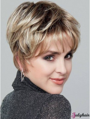 Straight Blonde With Highlights Monofilament Synthetic 6 inch Short Wigs