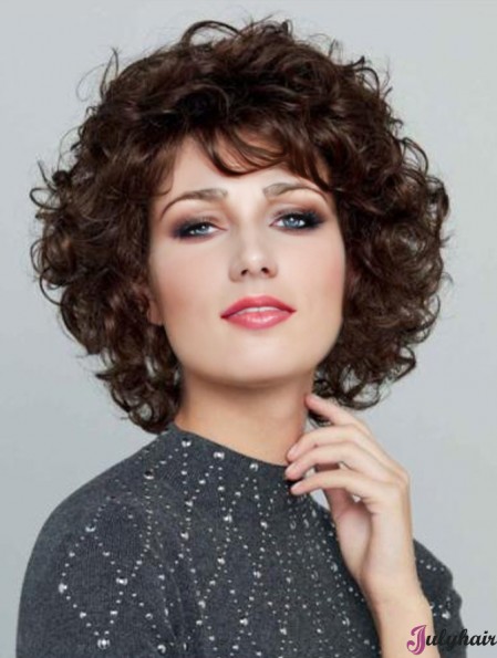 Brown Curly Wig Capless Chin Length Synthetic Wigs