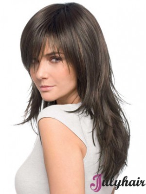 20 inch Long Brown Straight Remy Human Hair Wigs With Bangs