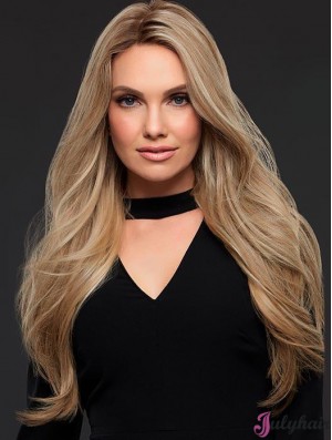 24 Inches Blonde Long Wavy Human Hair Women Lace Mono Wig 