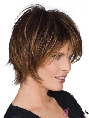 Short Brown Highlight Real Human Hair Wigs Layered Cut