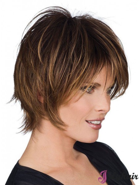 Short Brown Highlight Real Human Hair Wigs Layered Cut