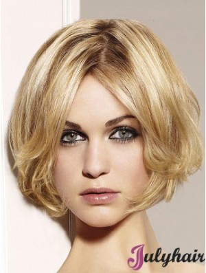 Blonde Bob Wig Remy Human Chin Length Lace Front Wavy Style