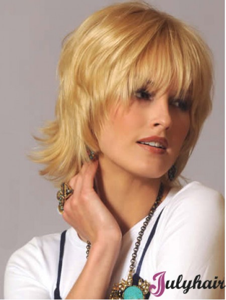 Human Hair Wavy Wigs Blonde Color Wavy Style With Capless