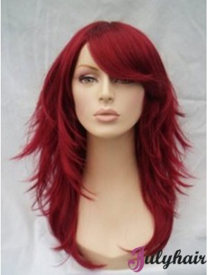 Red Human Hair Wigs Full Wig With Bangs Wavy Style Shoulder Length