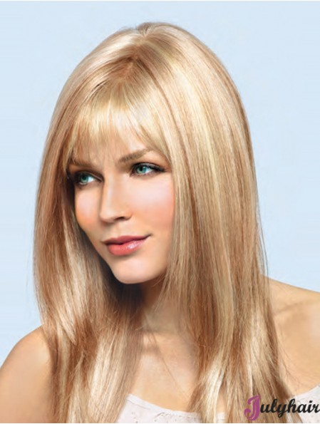 16 inch Blonde Remy Human Straight With Bangs Hand Tied Lace Wigs