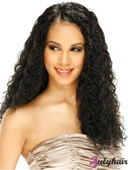 Human Hair Lace Front Wig Curly Style Long Length Black Color