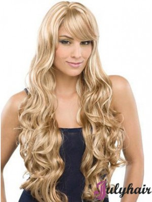 Long 100% Hand Tied Wavy With Bangs Monofilament Lace Front Wigs