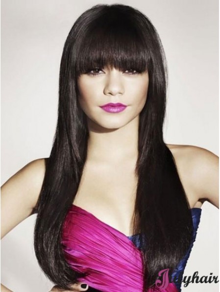 Black Human Hair With Bangs Long Length Straight Style