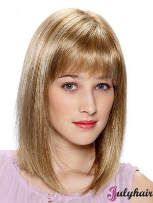 Lace Front Human Hair Wigs Blonde Color Shoulder Length With Bangs