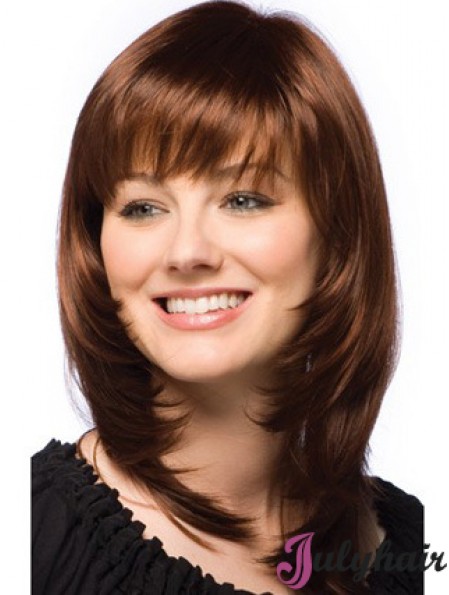 Fashionable Auburn Straight Shoulder Length Human Hair Wigs With Bangs