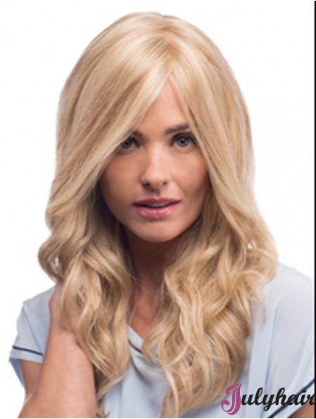 Human Hair Mono Wigs With Remy Blonde Color Wavy Style With Bangs