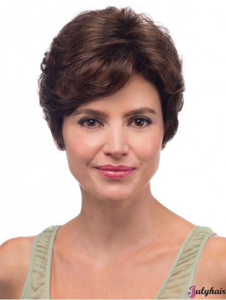 8 inch Brown Short With Bangs Wavy High Quality Lace Wigs