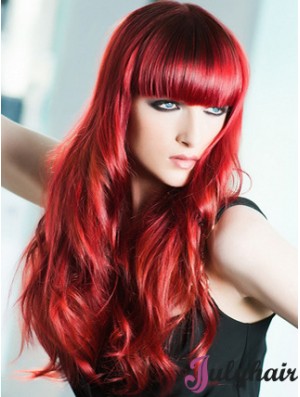 Capless Wavy 22 inch With Bangs Long Red Human Hair