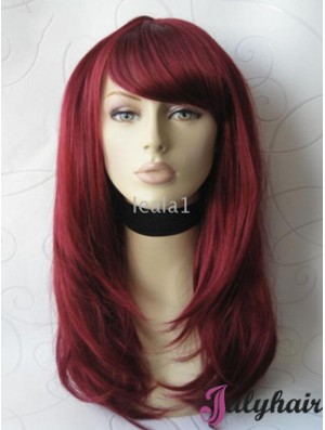 Front Lace Wig With Bangs Long Length Straight Style Red Color