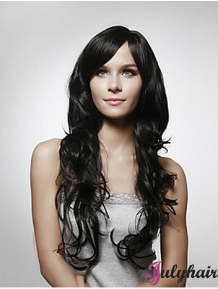 Long Curly Human Hair Wigs Layered Cut Black Color