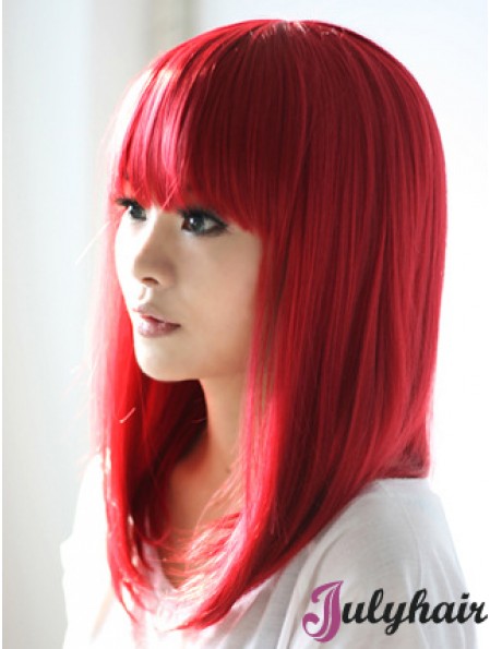 Red Synthetic Wigs With Bangs Shoulder Length Straight Style