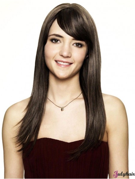 Brown Human Hair Wig Shoulder Length Straight Style With Bangs