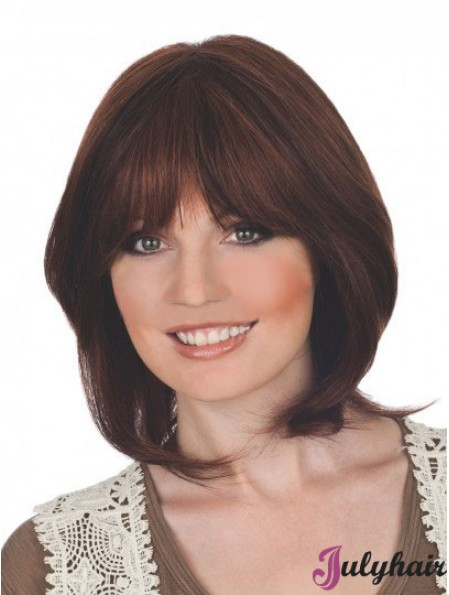 Suitable 12 inch Auburn Chin Length With Bangs Straight Lace Wigs