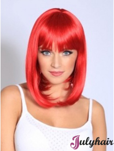 Straight With Bangs Shoulder Length Red Fashionable Lace Front Wigs