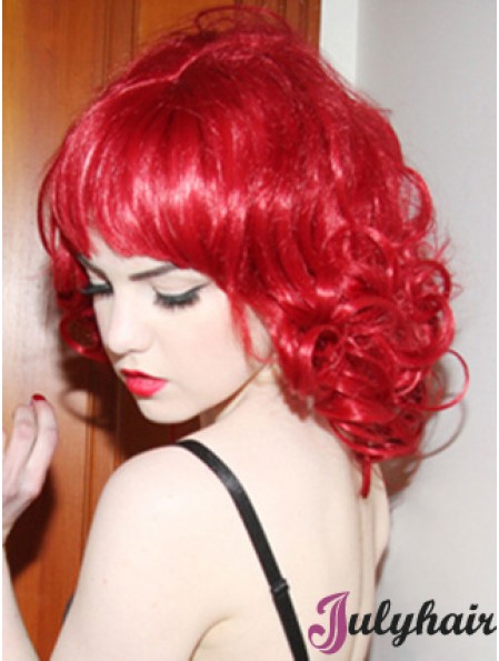 Curly With Bangs Shoulder Length Red Convenient Lace Front Wigs