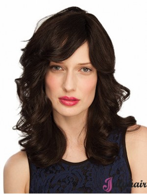 Monofilament Wavy With Bangs Shoulder Length 14 inch Good Human Hair Wigs