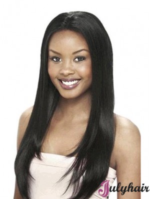 Without Bangs Designed Yaki Black Long Human Hair Lace Front Wigs