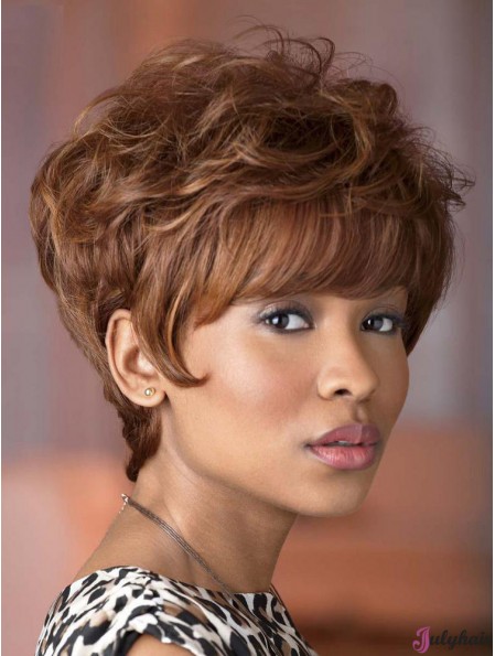 Durable Short Brown Wavy With Bangs Suitable African American Wigs