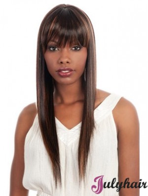 Long Brown Yaki With Bangs Fashionable African American Wigs