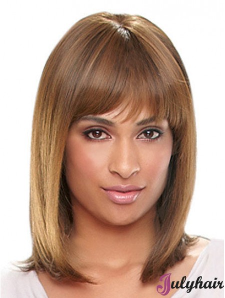 Shoulder Length Auburn Straight With Bangs Designed African American Wigs