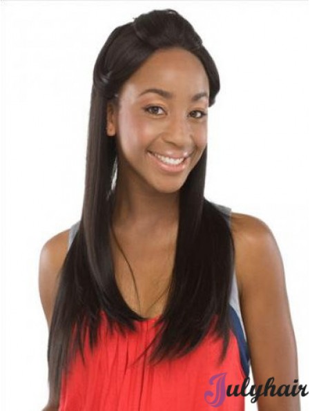 Without Bangs Sleek Straight Black Long Human Hair Lace Front Wigs