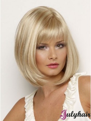 Affordable Synthetic Wig Chin Length Blonde Color Straight Style With Bangs