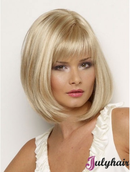 Affordable Synthetic Wig Chin Length Blonde Color Straight Style With Bangs