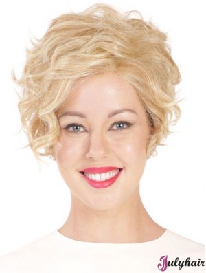 Synthetic Flexibility Cropped Blonde Curly Monofilament Wigs