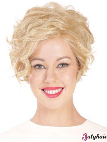 Synthetic Flexibility Cropped Blonde Curly Monofilament Wigs