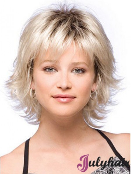 Synthetic Hair Wigs Chin Length With Bangs Blonde Color With Capless