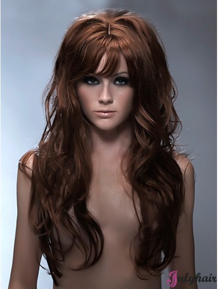 Long Synthetic Hair With Bangs Capless Wavy Style Auburb Color