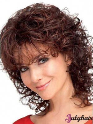 Durable Curly Synthetic Hair With Bangs Auburn Color Shoulder Length Wig