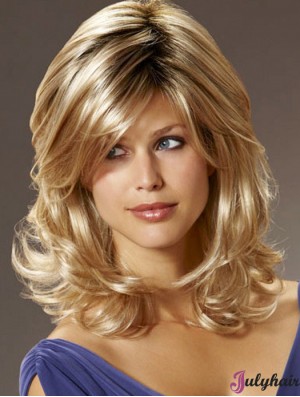 UK Synthetic Hair With Bangs Shoulder Length Blonde Color