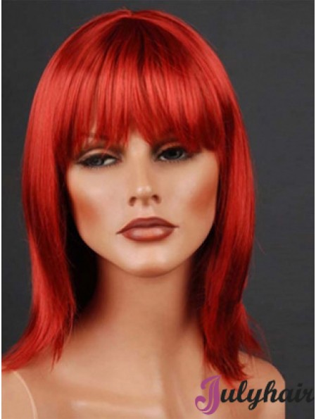 Synthetic Lacefront Wig Monofilament Straight Style Red Color With Bangs