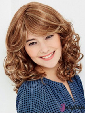 100% Hand Tied Shoulder Blonde Wavy With Bangs Short Synthetic Shaggy Wigs