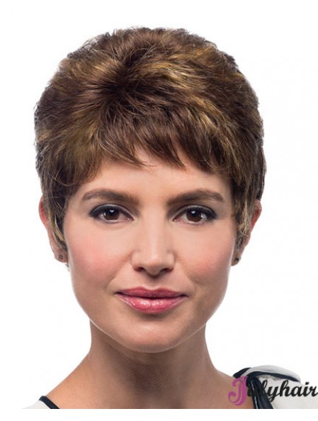 Cropped Straight Boycuts Brown Suitable 100% Hand-tied Wigs