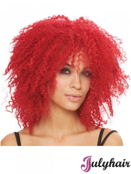 Kinky With Bangs Shoulder Length Red Style Lace Front Wigs