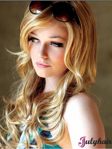 22 inch Wavy With Bangs Monofilament Blonde Suitable Long Wigs